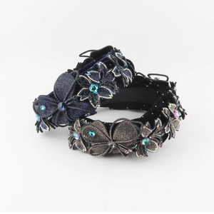 Vintage Luxury Velvet Wide Headband For Women Rhinestone Flower Butterfly Hair Hoop Retro Party Hair Accessories