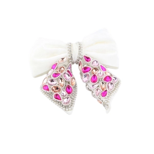 Elegant white satin bow hair claw clip with pink rhinestones and crystals in retro style