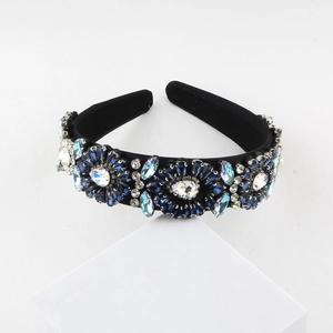 Baroque padded headband with sparkling blue and aurora crystals on black fabric base