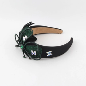 Baroque black padded headband with beaded green butterfly and sequins for women