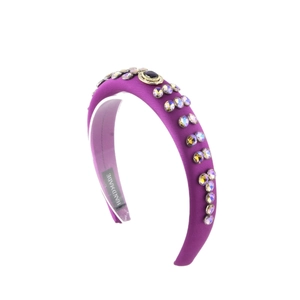 Serre-tête en satin violet fait main orné de strass et d'une pierre centrale