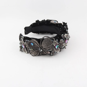 Luxurious black velvet headband with embroidered butterfly motifs and colorful crystals