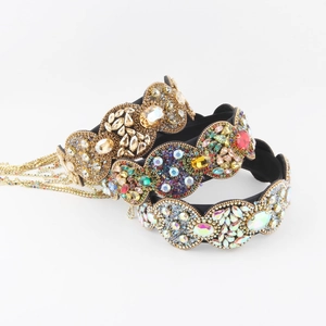Serre-tête Baroque de Luxe avec Strass Velours Alliage Cristal Large Gland Chaîne Géométrique Vintage Femme Accessoires Cheveux