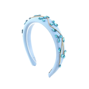 Vintage Baroque light blue padded headband with rhinestones and gold chain decorations