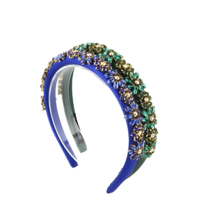 Luxury Baroque headband featuring handmade colorful crystal flowers and blue satin