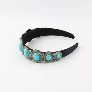 Vintage wide headband with turquoise stones and blue rhinestones on black fabric base
