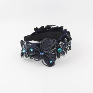 Deep blue velvet headband with handmade rhinestone floral and butterfly embroidery