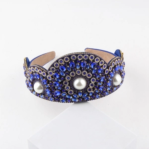 Luxurious wide headband with navy rhinestones and large white pearls in palace style