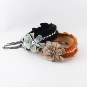Luxury Faux Fur Rhinestone Flower Headband With Metal Tassels Vintage Wide Hairband For Women Party Jewelry Accessories