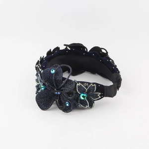 Navy blue velvet headband featuring handmade 3D flowers with sparkling rhinestones