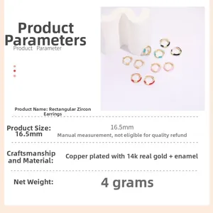 Detail view of 14k gold plated rectangle hoop earrings with colorful enamel finishes