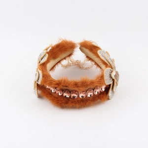 Luxury brown faux mink fur headband with amber rhinestones and floral crystal accents