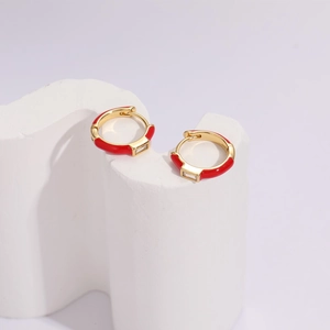 Elegant geometric red enamel hoop earrings with zircon stone set in 14k gold plating