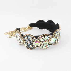 Serre-tête baroque en velours noir avec strass de luxe et longues chaînes à franges