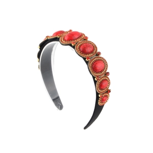 Elegant vintage headband featuring red marble stones and crystals on a gold-plated frame