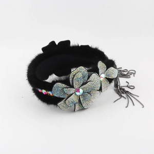 Luxe black mink fur headband with colorful crystal flowers and silver fringe tassels