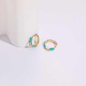 Minimalist geometric 14k gold plated earrings with blue enamel and zircon inlay