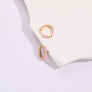 Minimalist gold-plated geometric hoops with pink enamel and rectangular zircon stones