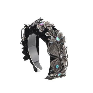Luxury embroidered floral headband with silver rhinestones and iridescent gems on velvet
