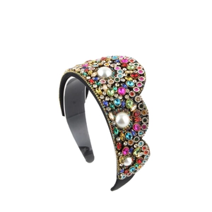 Luxurious rhinestone padded headband with colorful crystals and large white faux pearls