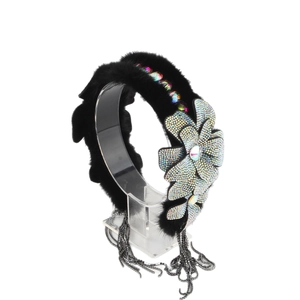 Luxurious black fur headband with large rhinestone flower and metal tassel chains