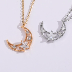 Brass Zirconia Star Moon Pendant Necklace For Women 14K Gold Silver Plated Clavicle Chain Choker Fashion Elegant Jewelry
