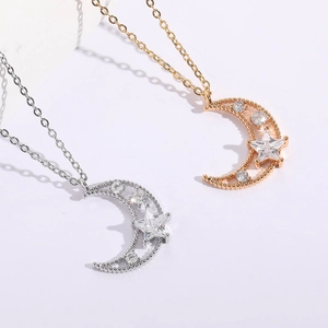 Star and moon zircon choker necklaces in gold and silver plating with star cut gemstones