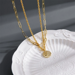 Double layer gold star and moon pendant necklace with paperclip and rope chain style