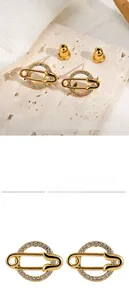 Macro detail of 14K gold plated paperclip circle earrings with micro-set zircon accents