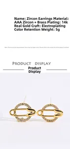 Detail showing 14k gold plated copper earrings with micro-set AAA cubic zirconia stones
