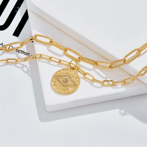 Double Layer Gold Plated Brass Evil Eye Pendant Necklace For Women Zirconia Inlaid Paperclip Link Chain Fashion Jewelry