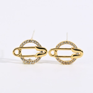 Geometric Safety Pin Stud Earrings 14K Gold Plated Brass Zirconia Circle Earrings For Women Trendy Jewelry