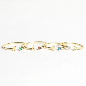 Adjustable gold letter rings with colorful zircon stones in N, A, B, and S designs