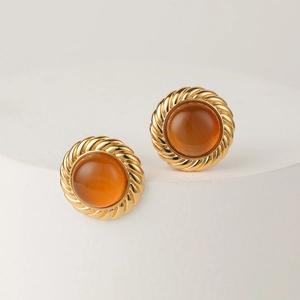 Französischer Retro 14K Vergoldet Kupfer Rund Bernstein Harz Ohrstecker Mit 925 Sterlingsilber Stift Damen Schmuck