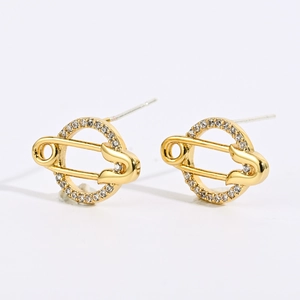 14K gold plated geometric paperclip and circle stud earrings with micro paved cubic zirconia