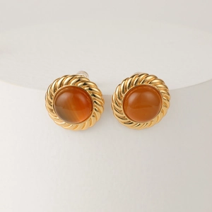 Retro-Ohrstecker aus Bernstein-Resin mit goldenem Seilrahmen und 14K Goldbeschichtung