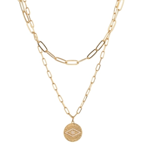 Double-layered 14K gold-plated paperclip chain necklace with a crystal evil eye pendant
