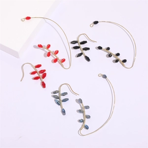 Boucles d'oreilles Pendantes Forme de Feuille en Fil de Cuivre Tissé avec Perles de Verre Style Forêt Plaquées Or 14K Femme