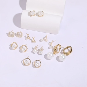 French style 7-pair pearl and zircon earring set with geometric gold plated designs