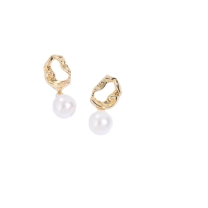 Elegant gold twisted metal earrings with round white pearls on a clean white background