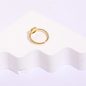Minimalist 14K gold plated adjustable open ring with textured bead band for women