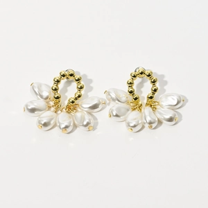 Elegant 14K gold plated flower cluster earrings with dangling white rice pearls