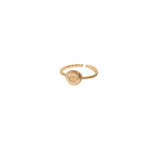 Minimalist 14K gold plated beaded open ring with Love You engraved round disc charm