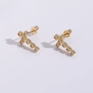 Boucles d'Oreilles Clous Croix en Laiton Plaqué Or 14K Zircon AAA Avec Tige en Argent Sterling 925 pour Femmes Bijoux