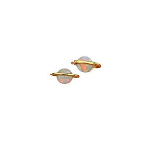 Exquisite gold-tone Saturn planet stud earrings featuring opalescent stone accents