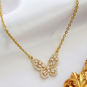 Elegant 14K Gold Plated Butterfly Pendant Necklace For Women Zirconia Copper Chain Light Luxury Fashion Jewelry Gift