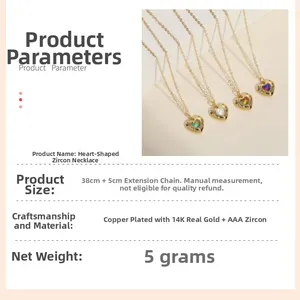Detailed spec sheet of 14K gold plated heart necklace with AAA zircon and dimensions