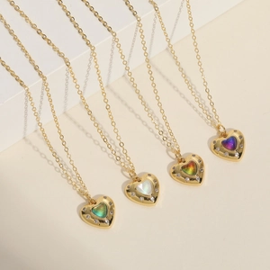 14K Gold Plated Copper Heart Pendant Necklace For Women Colorful Zirconia Inlaid Elegant Clavicle Chain Jewelry Gift