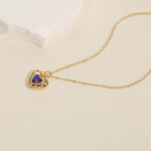 14K gold plated heart necklace with iridescent cat eye stone and white zircon accents