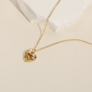 Elegant 14K gold plated heart pendant necklace with colorful cat eye stone and tiny zircons